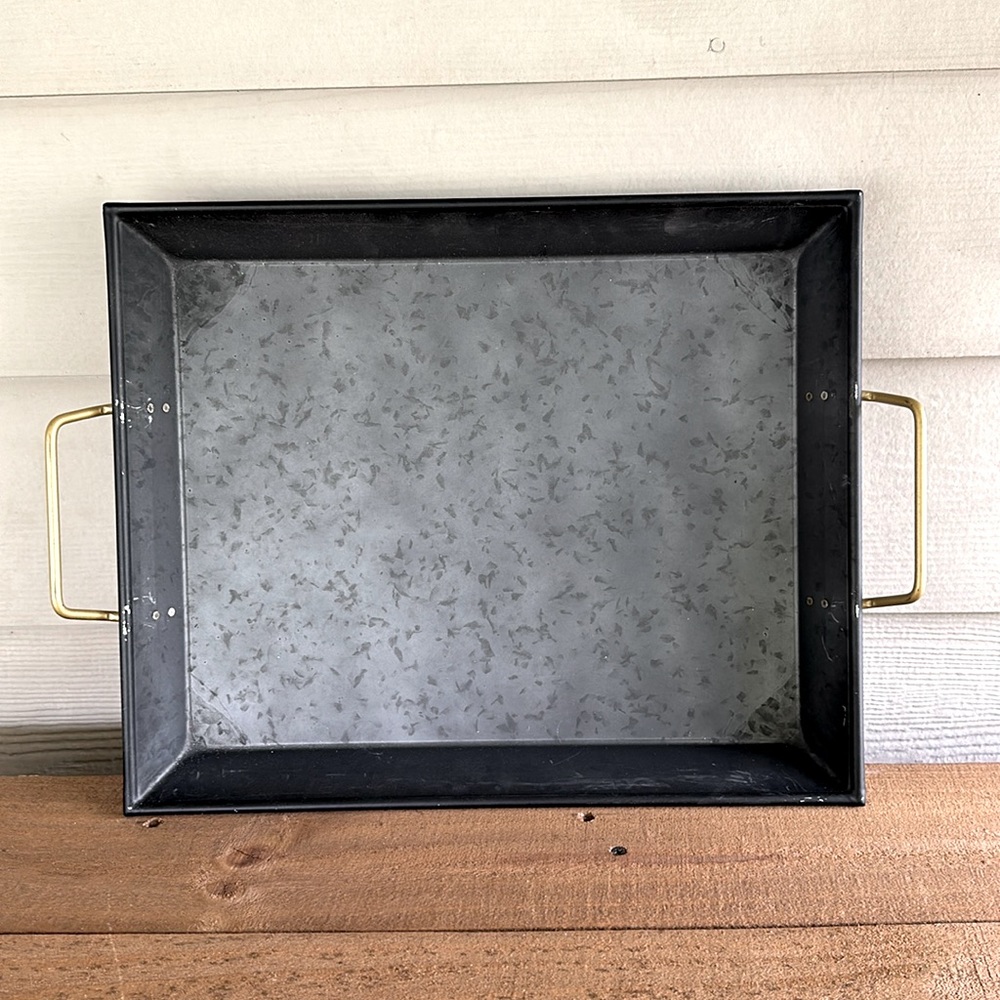 Mainstays Black Galvanized Tray with Gold Handles. (decor shown not for sale)